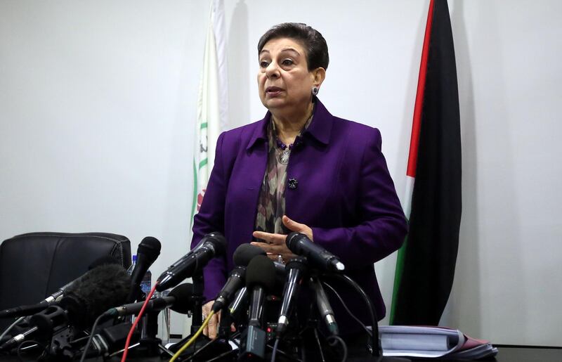 The Palestine Liberation Organisation (PLO) executive committe member, Hanan Ashrawi arrives for a press conference on February 24, 2015 in the West Bank city of Ramallah, a day after a verdict of a New York court was issued finding the Palestinian leadership responsible for six deadly attacks in Jerusalem that killed Americans. In a verdict issued late on February 23, a US jury found the Ramallah-based Palestinian Authority and the PLO responsible for six attacks which killed 33 people and wounded more than 390 others between January 2002 and January 2004.    AFP PHOTO / ABBAS MOMANI (Photo by ABBAS MOMANI / AFP)