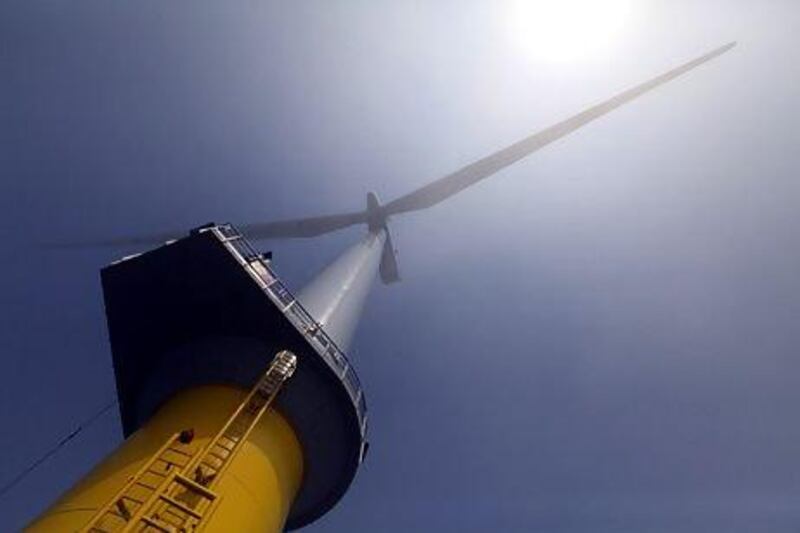 A completed wind turbine stands at the London Array project. Chris Ratcliffe / Bloomberg