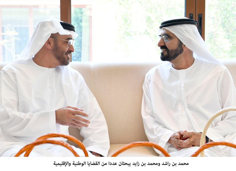 Sheikh Mohammed bin Rashid and Sheikh Mohammed bin Zayed in discussion. WAM