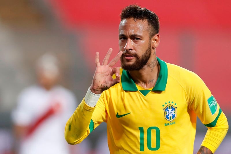 Brazil's Neymar celebrates after scoring a hat-trick against Peru during their World Cup South American qualifier match at the National Stadium in Lima, on October 13. AFP