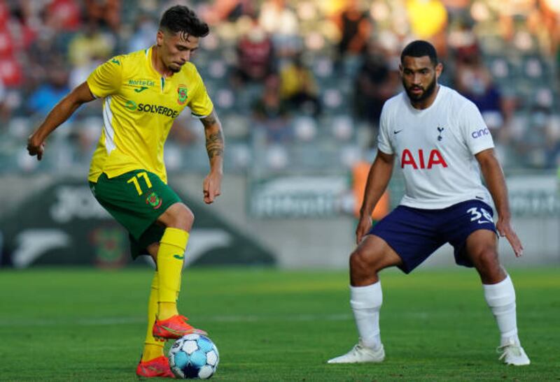 Nuno Santos of Pacos de Ferreira with Cameron Carter-Vickers of Tottenham Hotspur in their Conference League match in Portugal on Thursday. Getty