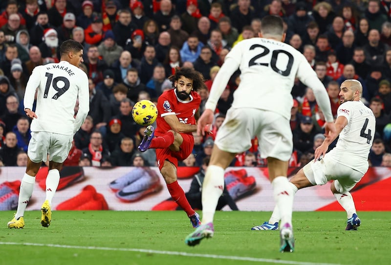 Liverpool's Mohamed Salah shoots during the Premier League game against Manchester United at Anfield on December 17, 2023. Reuters