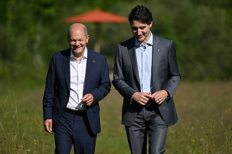 German Chancellor Olaf Scholz and Canadian Prime Minister Justin Trudeau last met at June's G7 summit in Germany's Bavarian Alps. Reuters
