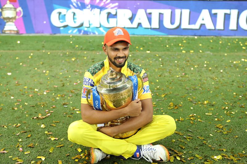 Ruturaj Gaikwad of Chennai Super Kings with the trophy during the final of the Vivo Indian Premier League 2021 between the Chennai Super Kings and the Kolkata Knight Riders held at the Dubai International Stadium in the United Arab Emirates on the 15th October 2021

Photo by Ron Gaunt / Sportzpics for IPL