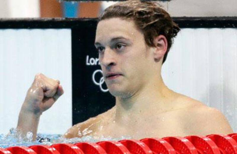 Serbia's UAE-raised swimmer Velimir Stjepanovic celebrates after qualifying for the 200m butterfly semi-finals