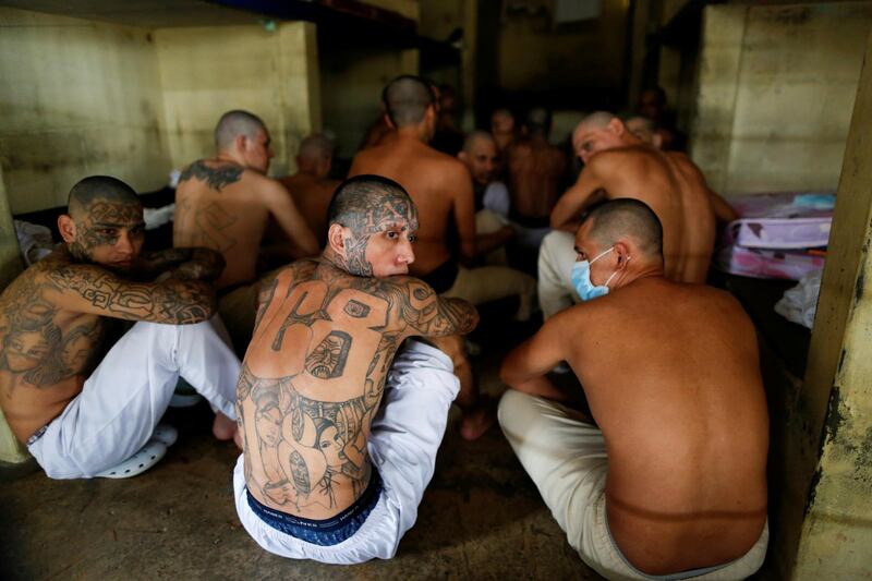 Gang members are seen inside a cell at Izalco jail. Reuters