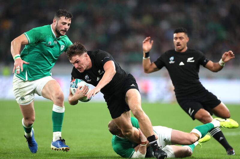 George Bridge of New Zealand attempts to break a tackle by Keith Earls of Ireland during the Rugby World Cup 2019 Quarter Final match between New Zealand and Ireland at the Tokyo Stadium in Chofu, Tokyo, Japan. Getty Images