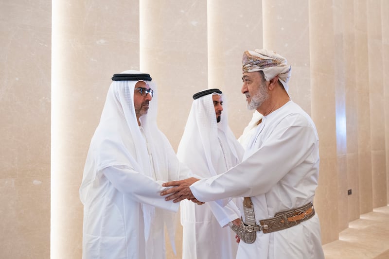 Sheikh Hamed bin Zayed bids farewell to Sultan Haitham