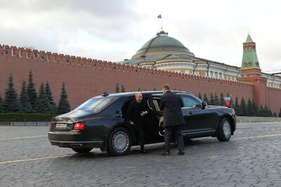 MOSCOW, RUSSIA - NOVEMBER,4 (RUSSIA OUT) Russian President Vladimir Putin arrives by his Aurus Senat limousine to the flower laying ceremony at Red Square in Moscow, Russia, November,4,2018. Putin wants to discuss U.S. plans to exit Intermediate-Range Nuclear Forces (INF) arms treaty with Donald Trump when the two meets in Paris planned on November,11, Kremlin said on Moday. (Photo by Mikhail Svetlov/Getty Image