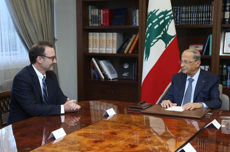 In this photo released by Lebanon's official government photographer Dalati Nohra, Lebanese President Michel Aoun, right, meets with David Schenker, Assistant Secretary of State for Near Eastern Affairs, at the presidential palace, in Baabda east of Beirut, Lebanon, Tuesday, Sept. 10, 2019. The leader of Lebanon's militant Hezbollah group, Hassan Nasrallah, said Schenker visiting Beirut to mediate between Lebanon and Israel over a maritime border dispute is a "friend of Israel." Nasrallah urged Lebanese officials to negotiate from a point of strength. (Dalati Nohra via AP)