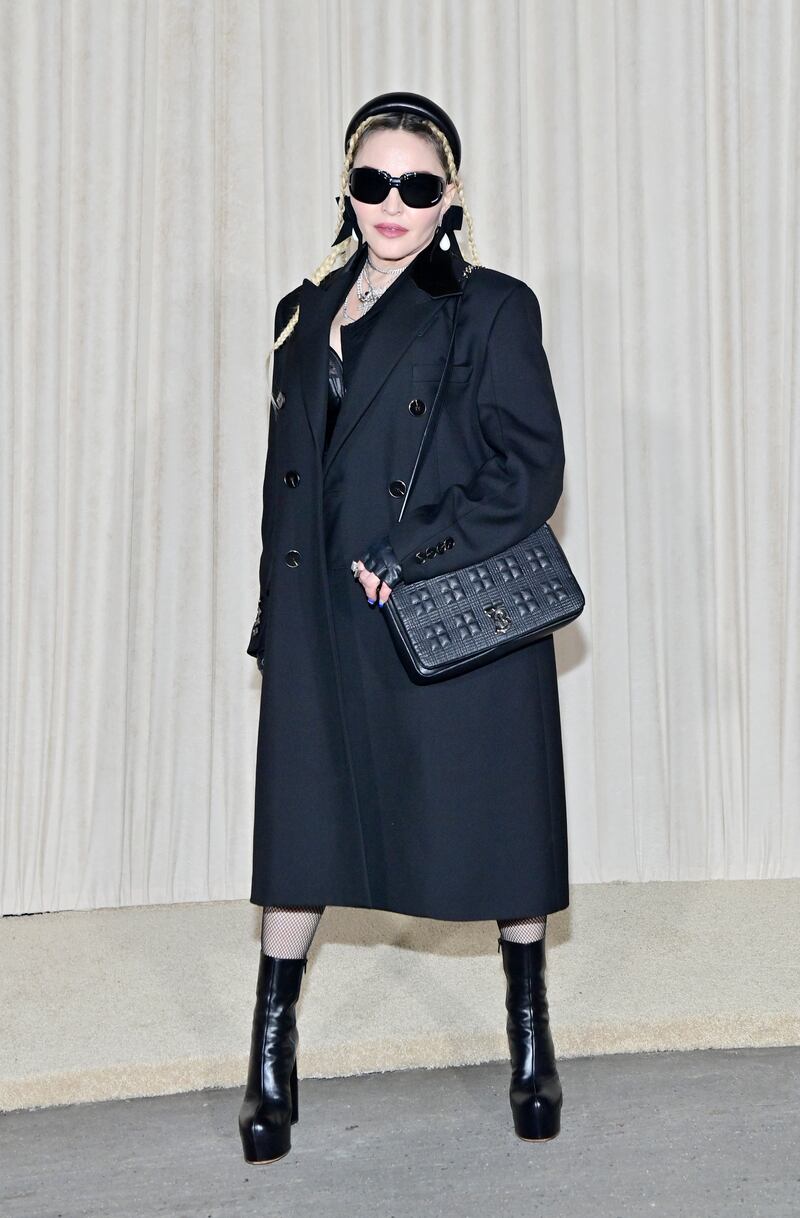 Madonna, in black Burberry, attends a celebration of the Lola bag, hosted by Burberry in Los Angeles on April 20, 2022. Getty Images 