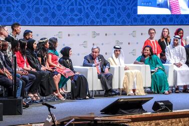 Minister of State for Youth, Shamma Al Mazrui with World Youth representatives talk to Dr Thani bin Ahmed Al Zeyoudi, Minister of Climate Change and Environment and António Guterres, Secretary General of the United Nations on stage regarding climate change. Victor Besa / The National