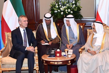 Emir of Kuwait Sheikh Sabah meets with Nato Secretary General Jens Stoltenberg at Bayan Palace in Kuwait City. AFP via Kuna