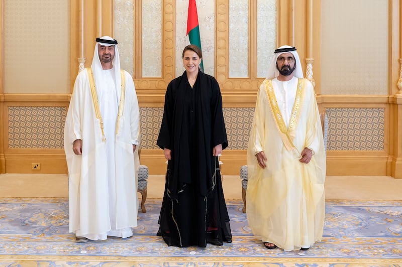 Sheikh Mohammed bin Rashid, Vice President, Prime Minister and Ruler of Dubai, and Sheikh Mohamed bin Zayed, Crown Prince of Abu Dhabi and Deputy Supreme Commander of the Armed Forces, with Mariam Al Mheiri, Minister of Climate Change and Environment.
