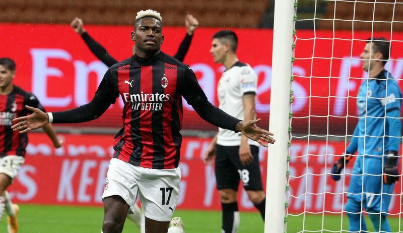 epa08720741 Milan's Rafael Leao jubilates after scoring the 1-0  goal during the Italian serie A soccer match Ac Milan vs Spezia at Giuseppe Meazza stadium in Milan, Italy, 04 October  2020.  EPA/MATTEO BAZZI