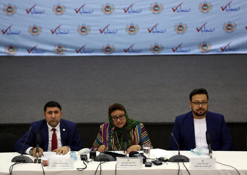 Hawa Alam Nuristani, chief of the Election Commission of Afghanistan, centre, speaks during a press conference at the commission's office in Kabul, Afghanistan, Tuesday, Feb. 18, 2020. Afghanistan's independent election commission says President Ashraf Ghani has won a second term as president in a vote that took place on Sept. 28 last year. AP Photo