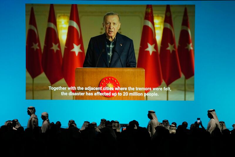 Turkey's President Recep Tayyip Erdogan addresses the audience in a recorded speech during the World Government Summit in Dubai. AP