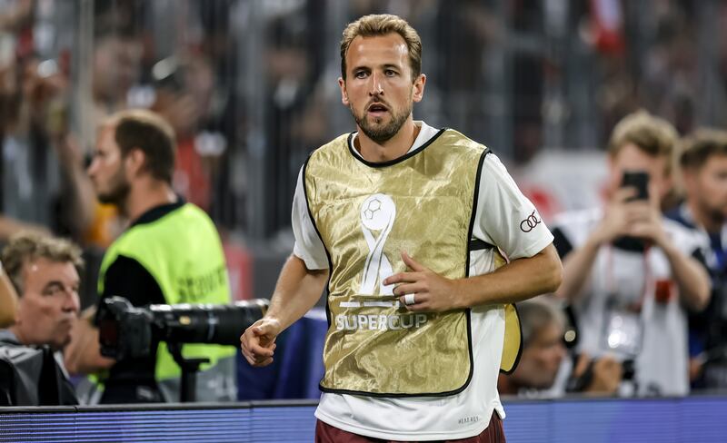 Harry Kane warms up during the German Super Cup match between Bayern Munich and RB Leipzig. EPA
