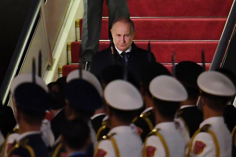 Russia's President Vladimir Putin arrives at Beijing airport ahead of the Belt and Road Forum in Beijing.  AP