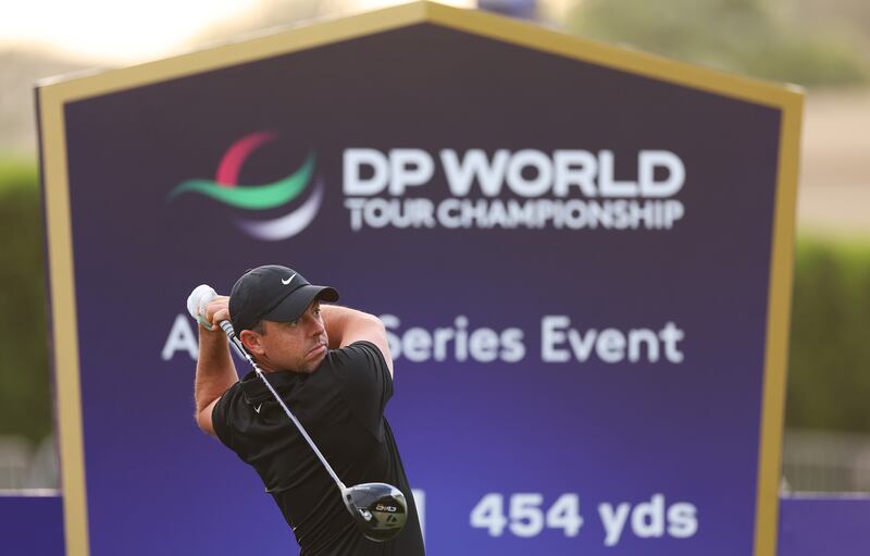 Rory McIlroy tees off during the Pro-Am prior to the DP World Tour Championship on the Earth Course at Jumeirah Golf Estates. Getty Images