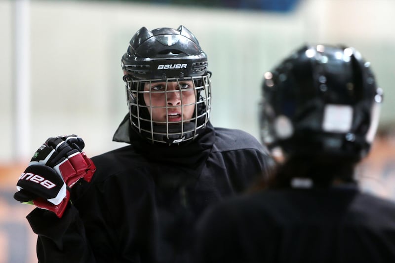 Abu Dhabi, United Arab Emirates, February 1, 2014:      Fatima Al Ali an Emirati hockey player with the Abu Dhabi Storms practises at the Abu Dhabi Ice Rink in Abu Dhabi on February 1, 2014. Christopher Pike / The National

Reporter: Asmaa Al Hameli
Section: Focus