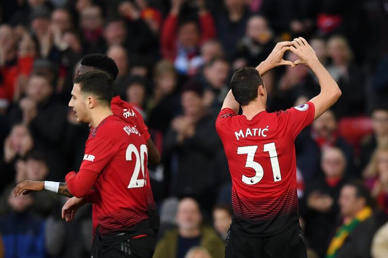 Nemanja Matic of Manchester United celebrates after scoring his team's first goal. Getty Images