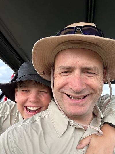 Sam Instone and his 12-year-old son during their recent safari holiday in Tanzania. Photo: Sam Instone