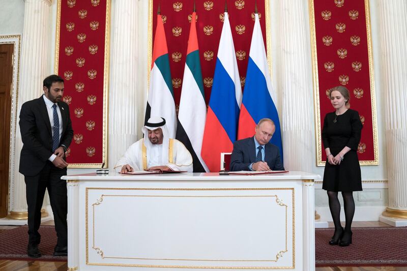 MOSCOW, RUSSIA - June 01, 2018: HH Sheikh Mohamed bin Zayed Al Nahyan, Crown Prince of Abu Dhabi and Deputy Supreme Commander of the UAE Armed Forces (2nd L) and  HE Vladimir Putin Vladimirovich, President of Russia (2nd R) sign a memorandum of understanding, at the Kremlin Palace.

( Mohamed Al Hammadi / Crown Prince Court - Abu Dhabi )
---