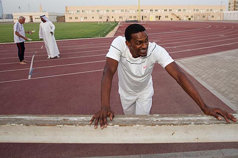 Dubai, July 15 2012 --  Mohammed Abbas Darwish, a UAE Olympics triple jumper, trains for the 2012 London Summer Olympics  at the Al Wasl Sports Club in Dubai, July 15, 2012. (Photo by: Sarah Dea/The National)
