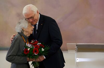 President Frank-Walter Steinmeier embraced 102-year-old Holocaust survivor Margot Friedlander at his residence in Berlin. AFP 