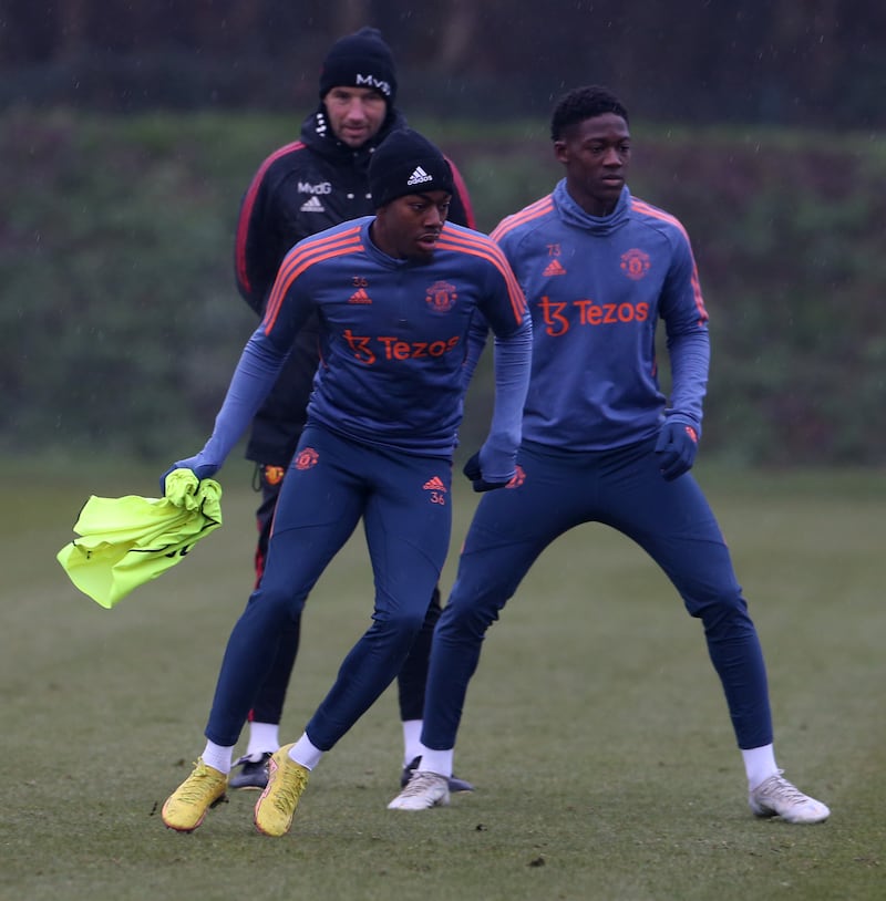 Anthony Elanga and Kobbie Mainoo train in Manchester. Getty