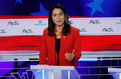 U.S. Rep. Tulsi Gabbard speaks at the first U.S. 2020 presidential election Democratic candidates debate in Miami, Florida, U.S., June 26, 2019. REUTERS/Mike Segar