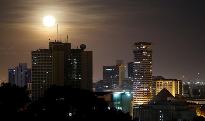 The pink supermoon rises over the skyline of Nairobi, Kenya. Reuters