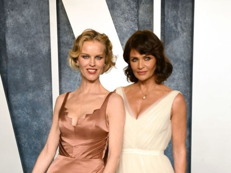 Eva Herzigova wearing Arwa Al Ammari  and Helena Christensen wearing Atelier Hekayat with production support from Emilia Wickstead at The Vanity Fair Oscar after-party in Los Angeles. Getty Images