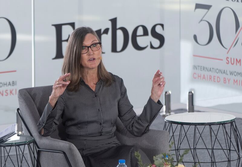 Cathie Wood, the founder, chief executive and chief investment officer of ARK Investment Management addresses the Forbes 30/50 Summit.