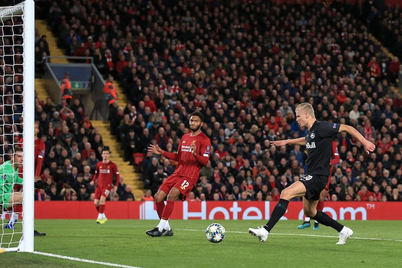 LIVERPOOL, ENGLAND - OCTOBER 02: Erling Haaland of Salzburg scores their 3rd goal during the UEFA Champions League group E match between Liverpool FC and RB Salzburg at Anfield on October 2, 2019 in Liverpool, United Kingdom. (Photo by Simon Stacpoole/Offside/Offside via Getty Images)