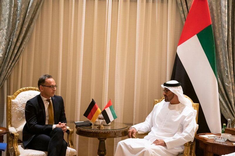 Sheikh Mohamed bin Zayed, Crown Prince of Abu Dhabi and Deputy Supreme Commander of the Armed Forces, meets German foreign minister Heiko Maas in Abu Dhabi on Sunday. Wam