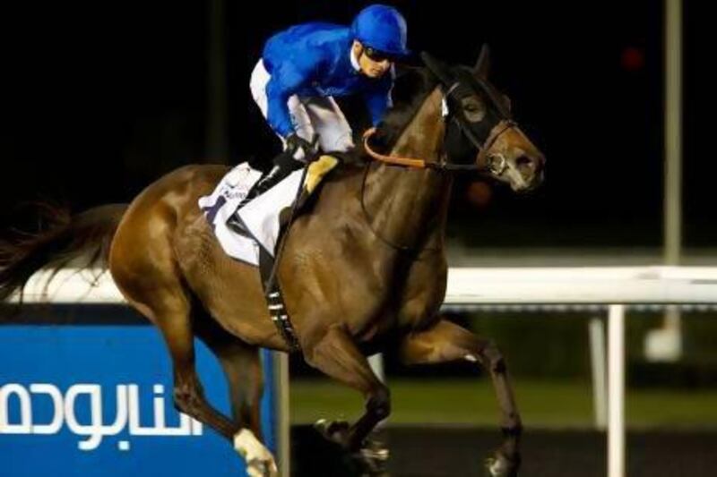 Silvestre de Sousa and Sajjhaa race to victory at Meydan Racecourse last month. Christopher Pike / The National