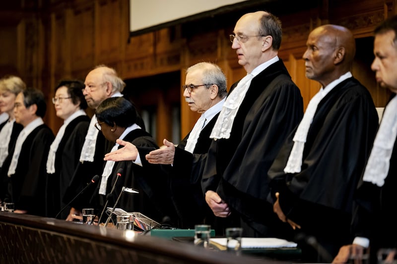 ICJ president Nawaf Salam, centre, speaks during the hearing. The case condemns Germany for suspending its UNRWA funding. EPA
