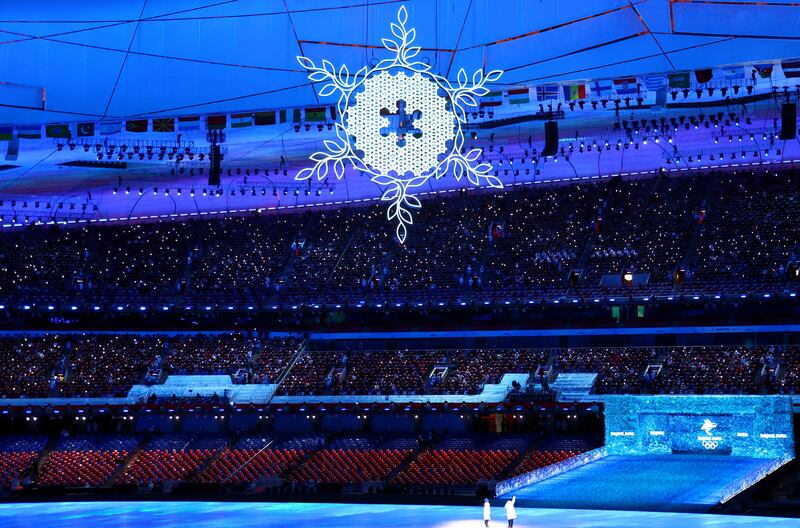 A giant snowflake at the closing ceremony. Reuters