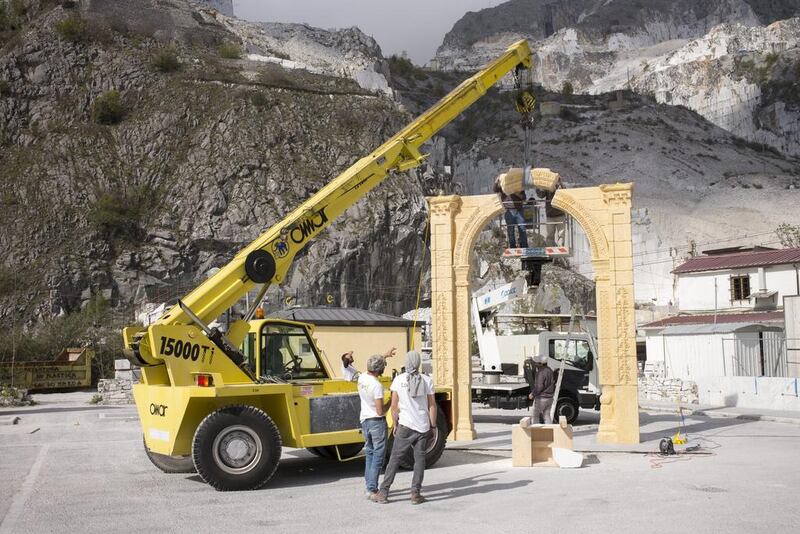 Made of Egyptian marble and constructed in Italy, the reconstructed arch will stand approximately 6 metres. Marco Secchi / Getty Images