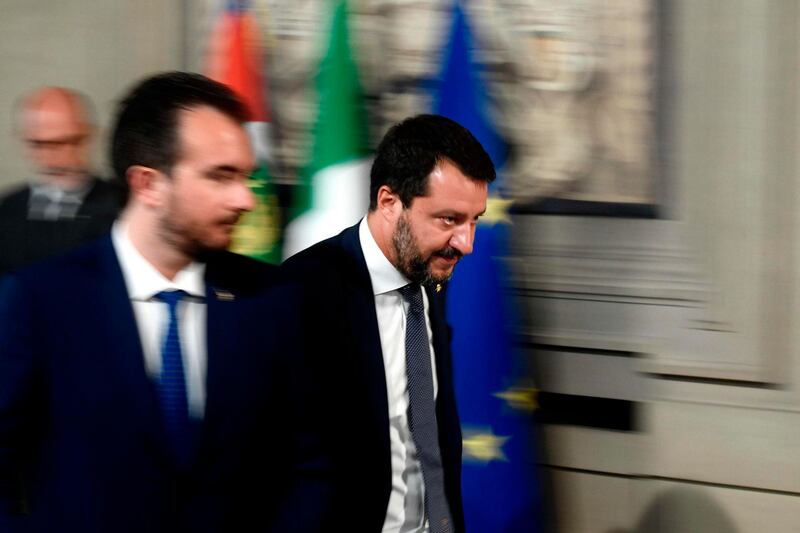 TOPSHOT - Head of the Lega Nord (Northern League) party, and outgoing Interior Minister, Matteo Salvini (R) leaves following a meeting with the Italian President as part of a second round of consultations with political parties at the Quirinal presidential palace in Rome, on August 28, 2019. President Sergio Mattarella is to meet the main political parties at the climax of what Italian newspapers have dubbed "the craziest crisis ever" after the government collapsed earlier this month while parliament was on holiday. / AFP / Filippo MONTEFORTE
