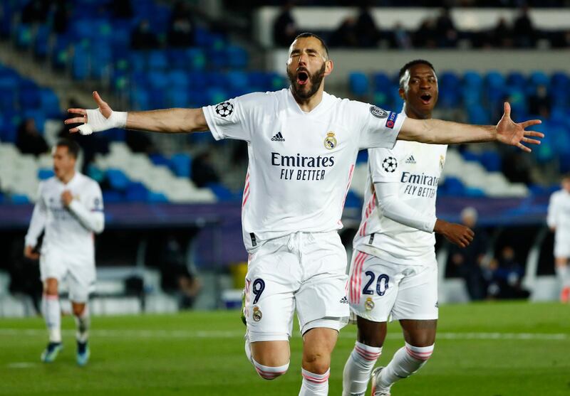 Karim Benzema celebrates scoring for Real Madrid in their 3-1 Champions League last-16, seocnd-leg victory over Atalanta at the Estadio Alfredo Di Stefano on Tuesday, March 16. The Spanish side won 4-1 on aggregate. Reuters