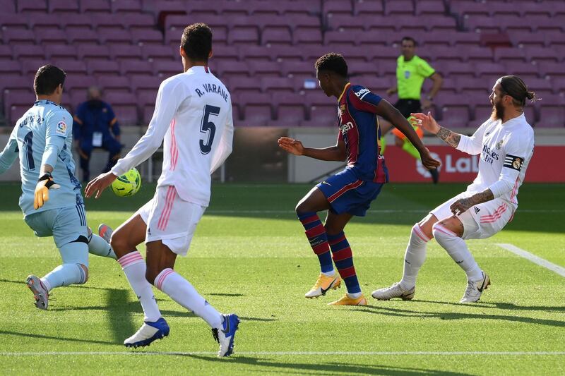 Barcelona's Ansu Fati levels the score at 1-1. AFP