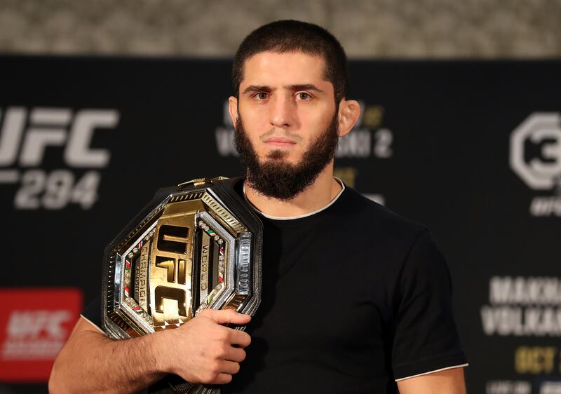 UFC lightweight champion Islam Makhachev speaks to the media before his championship fight against Alexander Volkanovski at UFC 294 in Abu Dhabi. All photos Chris Whiteoak / The National