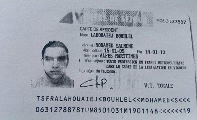 The residence permit of Mohamed Lahouiaej Bouhlel who rammed his lorry into a crowd of revellers on Bastille Day. French police source/AFP



