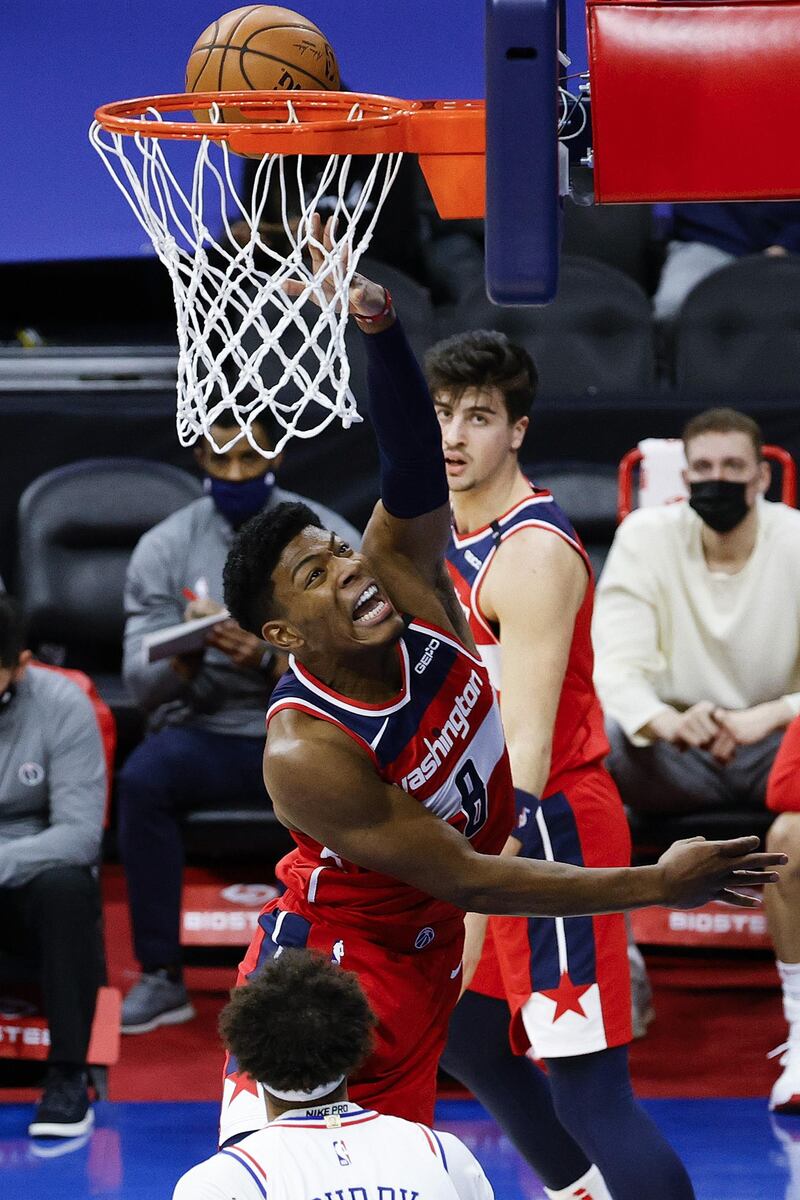 Rui Hachimura of the Washington Wizards scores a lay up during the first quarter of the NBA game against the Philadelphia 76ers at Wells Fargo Centre in Pennsylvania, on Wednesday, January 6. The 76ers won 141-136. AFP