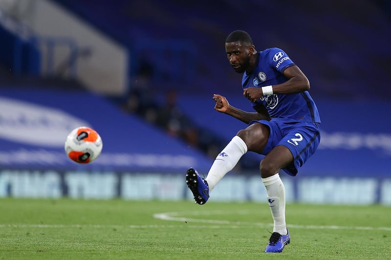Chelsea's German defender Antonio Rudiger controls the ball during the English Premier League football match between Chelsea and Norwich City at Stamford Bridge in London on July 14, 2020. (Photo by Richard Heathcote / POOL / AFP) / RESTRICTED TO EDITORIAL USE. No use with unauthorized audio, video, data, fixture lists, club/league logos or 'live' services. Online in-match use limited to 120 images. An additional 40 images may be used in extra time. No video emulation. Social media in-match use limited to 120 images. An additional 40 images may be used in extra time. No use in betting publications, games or single club/league/player publications. /