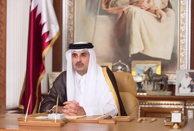 Emir of Qatar Sheikh Tamim bin Hamad al-Thani delivers a televised speech in Doha, Qatar, July 21, 2017. Qatar News Agency/Handout via REUTERS ATTENTION EDITORS - THIS PICTURE WAS PROVIDED BY A THIRD PARTY. NO RESALES. NO ARCHIVE.