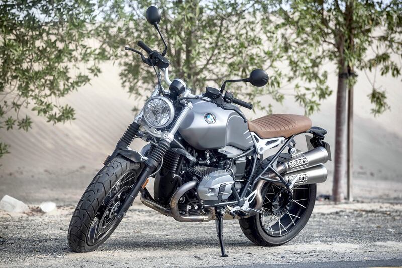 DUBAI, UNITED ARAB EMIRATES. 23 September 2017. Review of the BMW RnineT Scrambler motorcycle for Motoring. 1200cc Air/oil-cooled flat twin ('Boxer') 4-stroke engine,with a constant mesh 6-speed gearbox with a max speed of over 200km/h. (Photo: Antonie Robertson/The National) Journalist: Antonie Robertson. Section: Motoring.